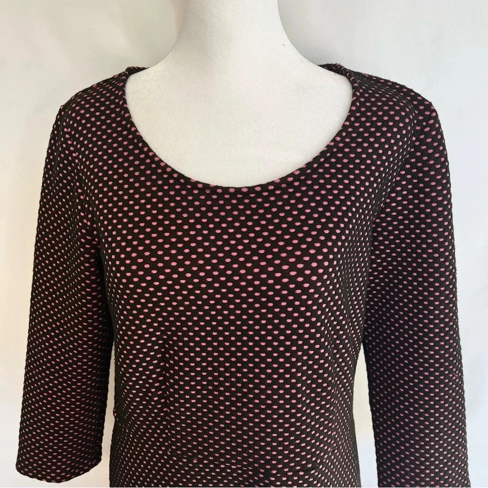 NY Collection A Line Polka Dot Dress Black Pink 3/4 Sleeve Back Zip Size Medium - Picture 3 of 15